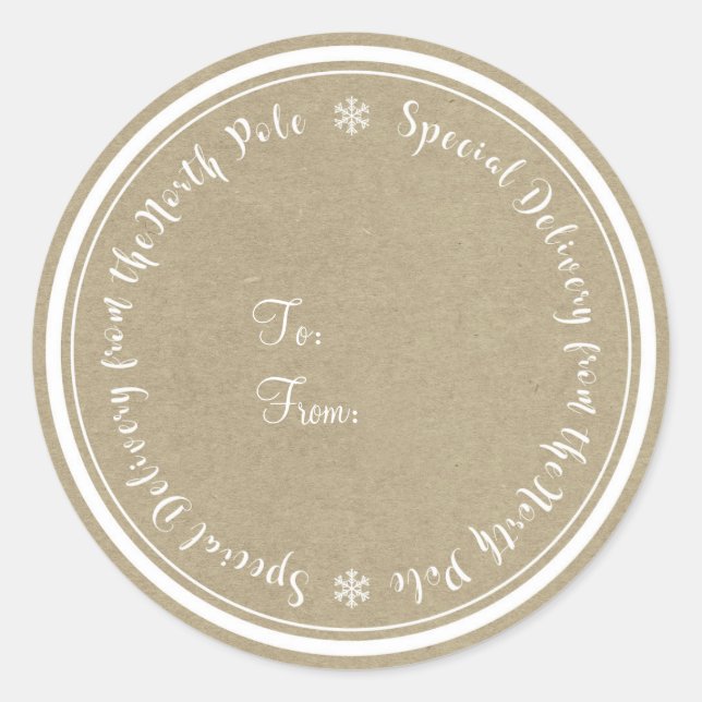Sticker Rond Livraison spéciale du Noël rustique du Pôle Nord (Devant)