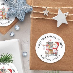 Sticker Rond Livraison spéciale du Pôle Nord Père Noël et Reind