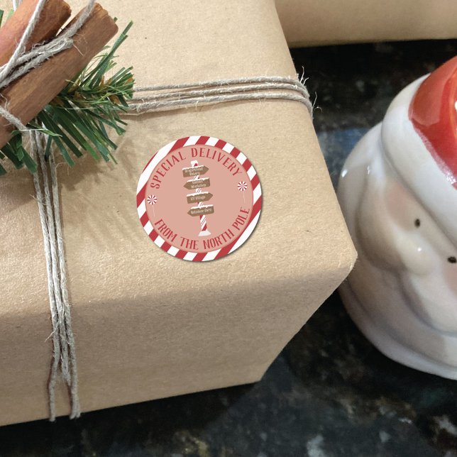 Sticker Rond Livraison spéciale du Pôle Nord rouge et blanc (Créateur téléchargé)