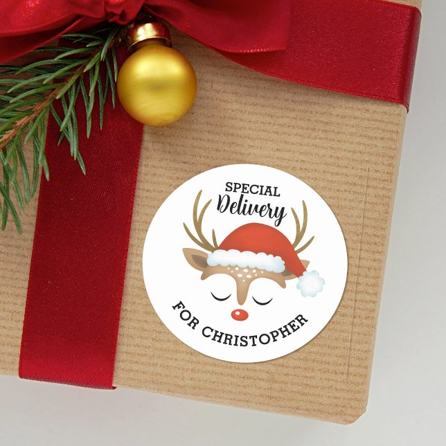 Sticker Rond Livraison spéciale Noël mignonne Enfants Reinder (A cute Christmas special delivery sticker for your gift wrapping.)
