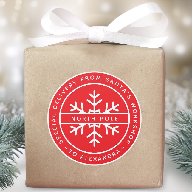 Sticker Rond Livraison spéciale rouge de Santa à Nom Pôle Nord (Créateur téléchargé)