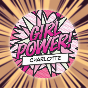 Sticker Rond Livre de bande dessinée rose amusant GIRL POWER pe