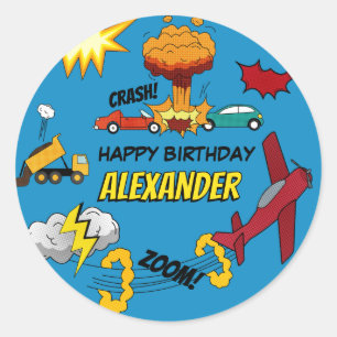 Sticker Rond Livre de Bande Dessinée Véhicules Camions Rétro Av