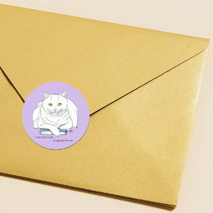 Sticker Rond Livre de chat blanc drôle lisant humour violet