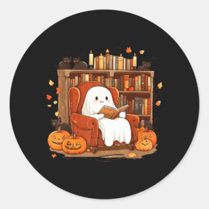 Sticker Rond Livre de lecture fantôme avec chat noir Halloween