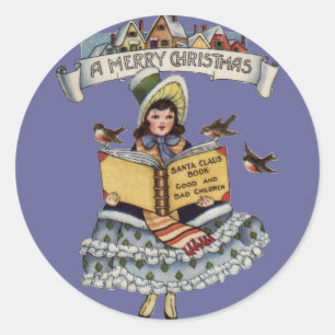 Sticker Rond Livre de petite fille d'autrefois et Père Noël de