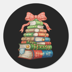 Sticker Rond Livres d'Arbre de Noël Lecture Bibliothécaire Ense