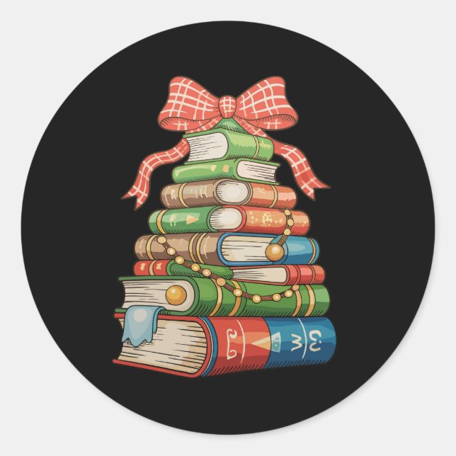 Sticker Rond Livres d'Arbre de Noël Lecture Bibliothécaire Ense (Devant)