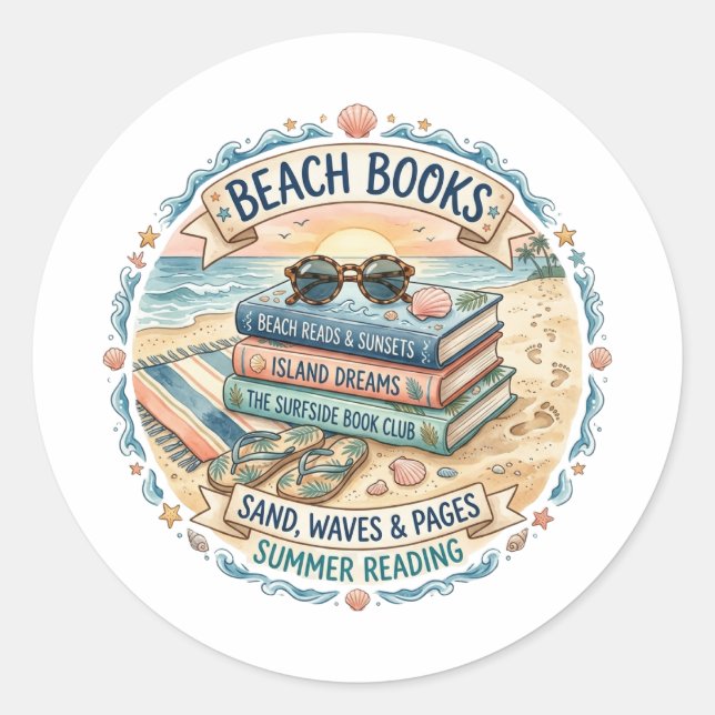 Sticker Rond Livres de plage Design de lecture d'été  (Devant)
