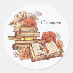Sticker Rond Livres Et Fleurs