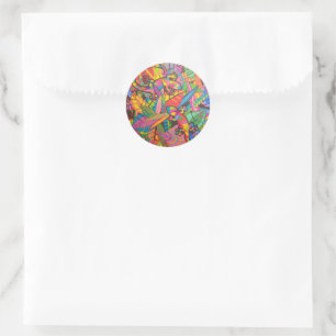 Sticker Rond Lizards de couleur vive jouant en Feuille de jardi