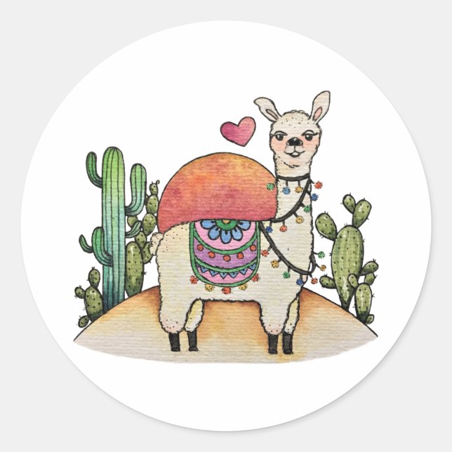 Sticker Rond Llama Aquarelle Avec Cactus (Devant)
