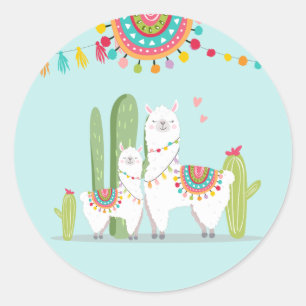 Sticker Rond Llama Baby shower Alpaca Fiesta Mexicaine Cactus