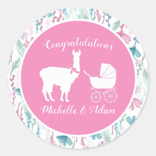 Sticker Rond Llama Baby shower mignonne fille rose