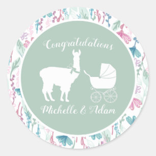 Sticker Rond Llama Baby shower vert mignon Hommes Neutre