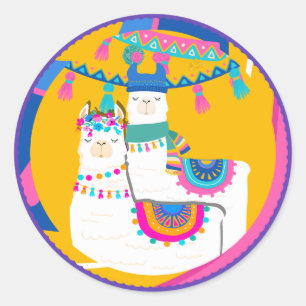 Sticker Rond Llama bleu violet jaune coloré fête d'anniversaire