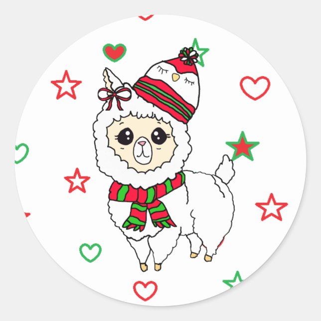 Sticker Rond Llama de Noël avec de mignons vacances Casquettes  (Devant)