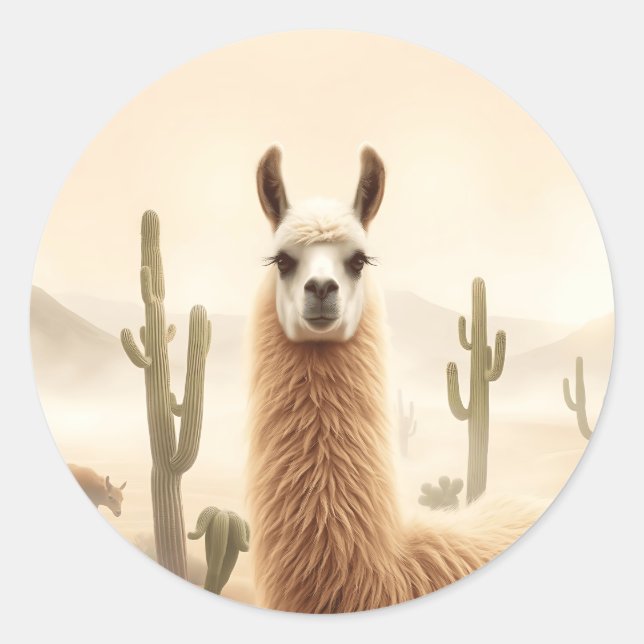 Sticker Rond Llama de sable doux avec courant de cactus (Devant)