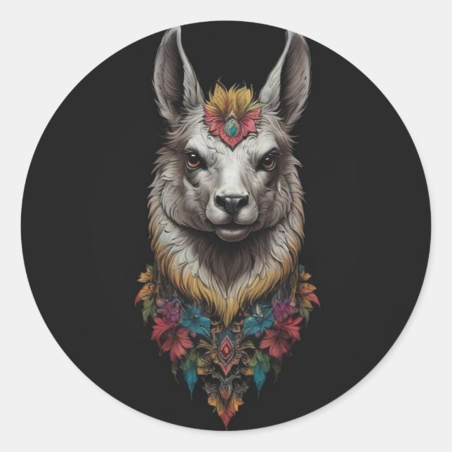Sticker Rond Llama Et Portrait Fleur, (Devant)