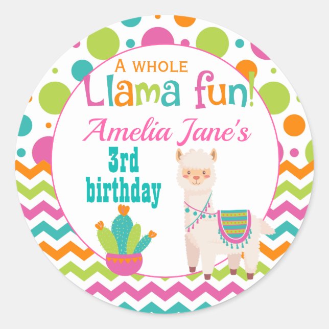 Sticker Rond Llama fête d'anniversaire rose (Devant)