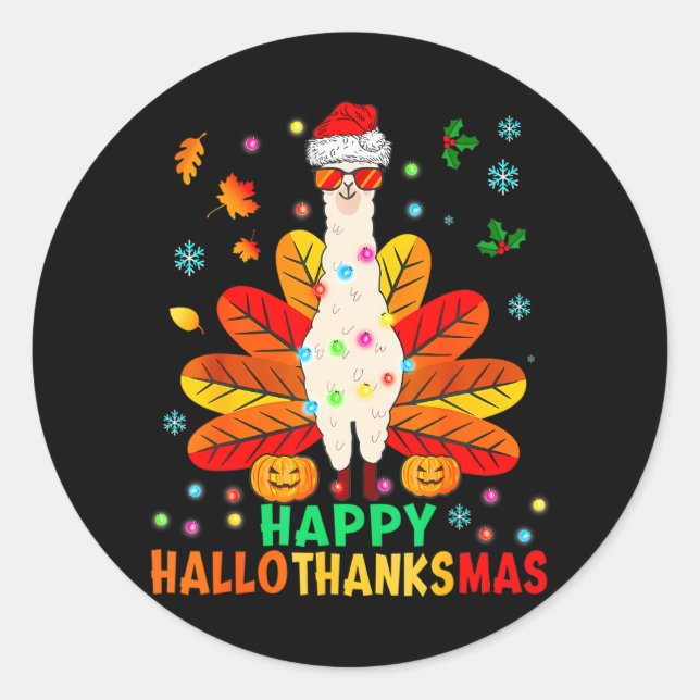 Sticker Rond Llama Joyeux Hallothanksmas Turquie Citrouille (Devant)