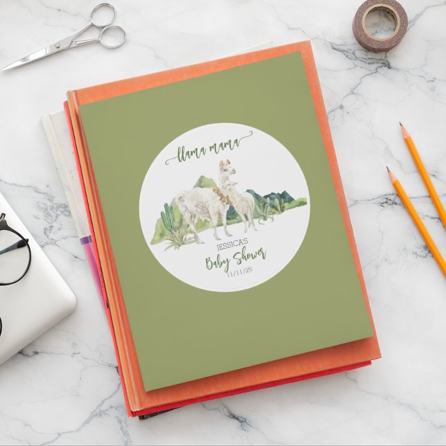 Sticker Rond Llama Maman Baby Shower Aquarelle (Créateur téléchargé)