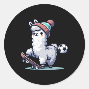 Sticker Rond Llama Mignon Sur Skateboard Avec Casquette Byll De