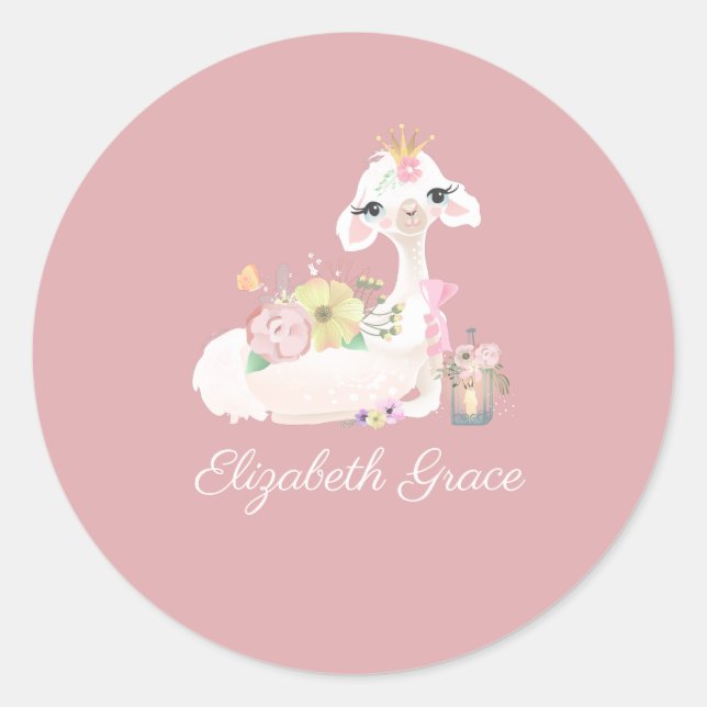 Sticker Rond Llama rose et blanc avec Fleurs Fille (Devant)
