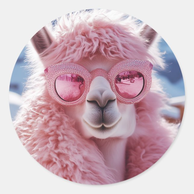 Sticker Rond Llama rose glamour - Icône mode hiver (Devant)