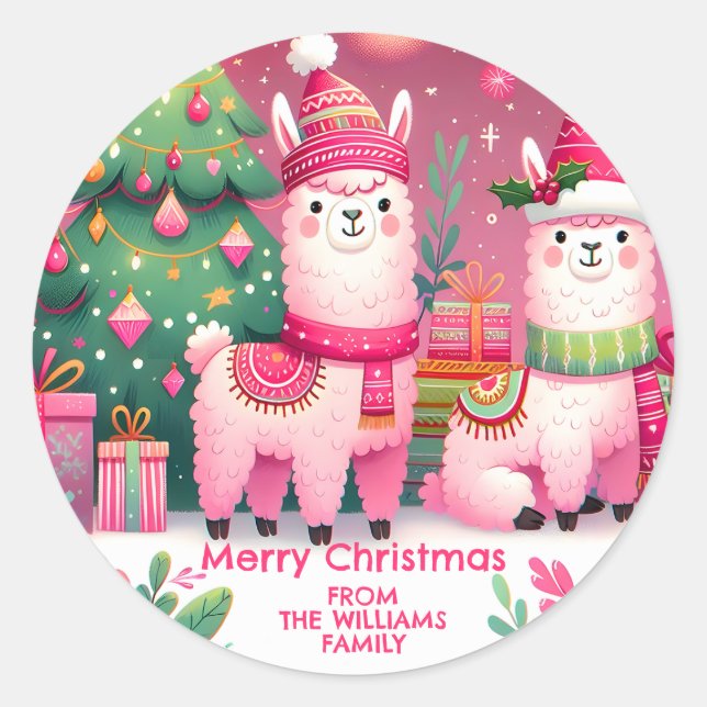 Sticker Rond Llama Rose Noël (Devant)