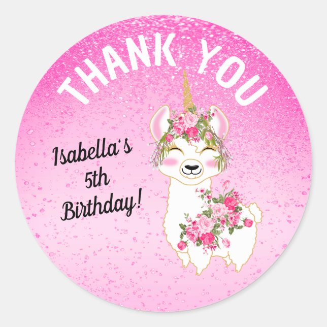Sticker Rond Llama Unicorn - Rose - Merci (Devant)