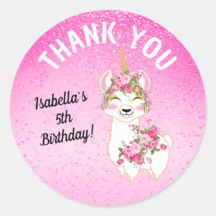Sticker Rond Llama Unicorn - Rose - Merci