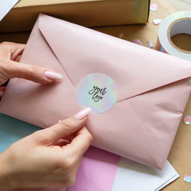 Sticker Rond Logo de la marque moderne holographique pastel rai (Modern chic holographic pastel rainbow brand logo)