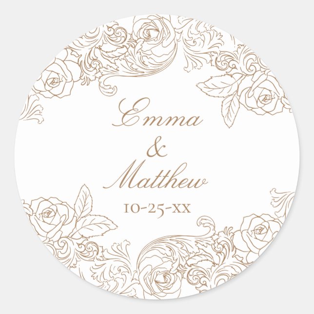 Sticker Rond Logo de mariage baroque circulaire brun doré (Devant)
