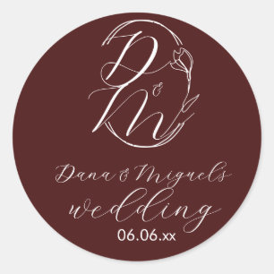 Sticker Rond Logo de mariage floral élégant et délicat Burgundy