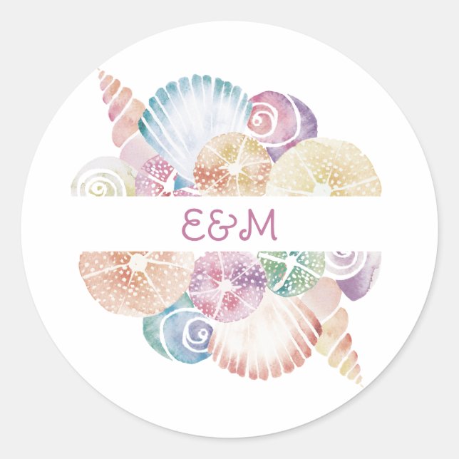 Sticker Rond Logo de mariage Monogram Marine Aquarelle Coquilla (Devant)