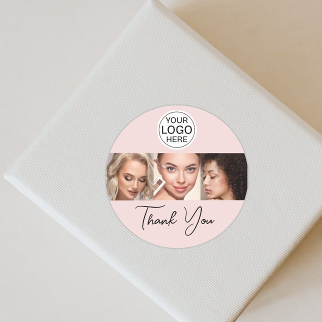 Sticker Rond Logo de script rose poudré Photo Makeup Merci (Créateur téléchargé)
