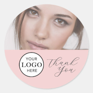 Sticker Rond Logo de script rose poudré Photo Maquillage Merci