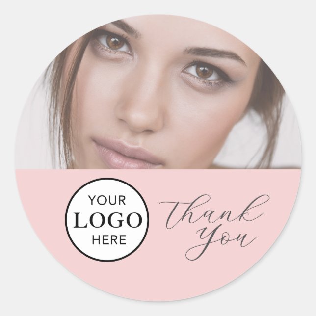 Sticker Rond Logo de script rose poudré Photo Maquillage Merci  (Devant)