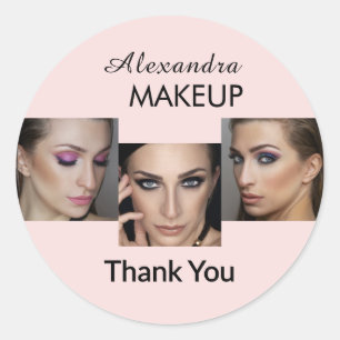 Sticker Rond Logo de script rose poudré Photo Maquillage Merci