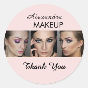 Sticker Rond Logo de script rose poudré Photo Maquillage Merci