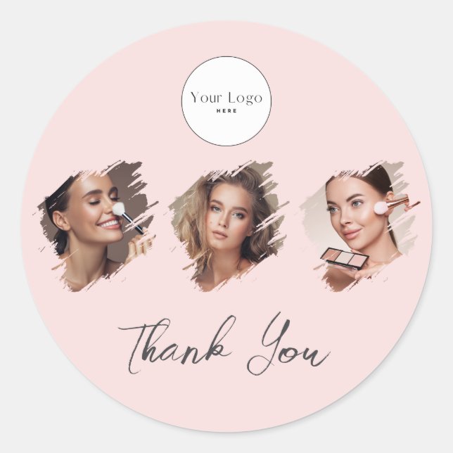 Sticker Rond Logo de script rose poudré Photo Maquillage Merci (Devant)