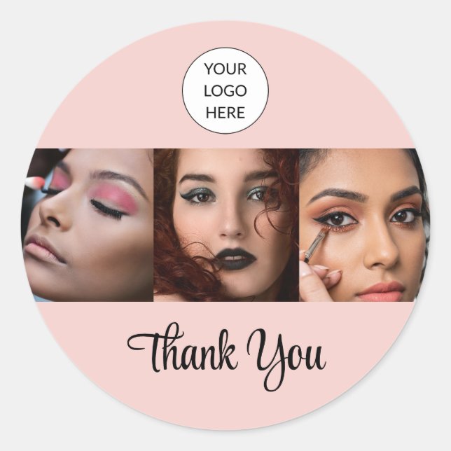 Sticker Rond Logo de script rose poudré Photo Maquillage Merci (Devant)