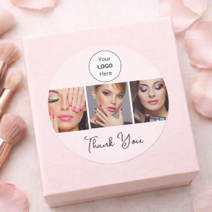 Sticker Rond Logo de script rose poudré Photo Maquillage Merci