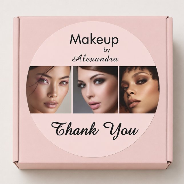 Sticker Rond Logo de script rose poudré Photo Maquillage Merci (Créateur téléchargé)