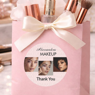 Sticker Rond Logo de script rose poudré Photo Maquillage Merci