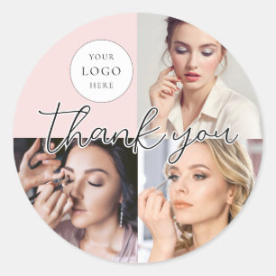 Sticker Rond Logo de script rose poudré Photo Maquillage Merci