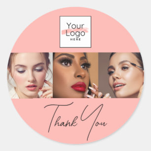 Sticker Rond Logo de script rose poudré Photo Maquillage Merci 