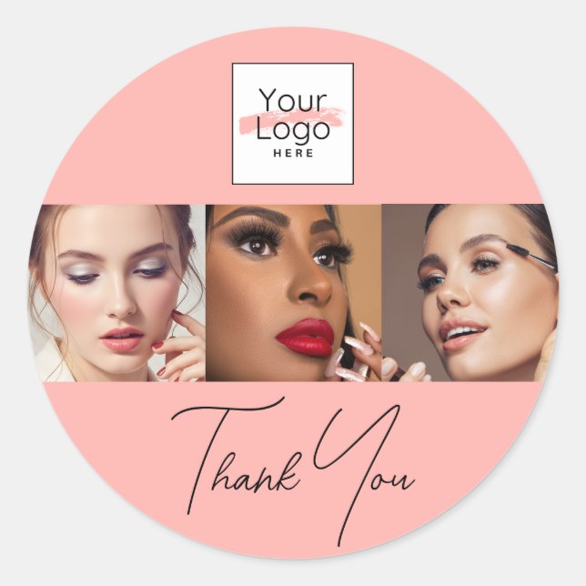 Sticker Rond Logo de script rose poudré Photo Maquillage Merci  (Devant)