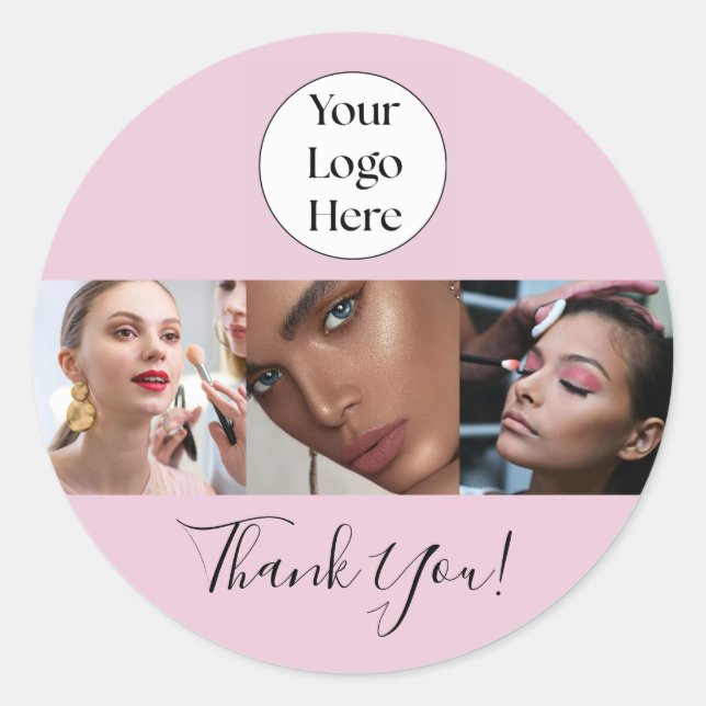 Sticker Rond Logo de script rose poudré Photo Maquillage Merci (Devant)